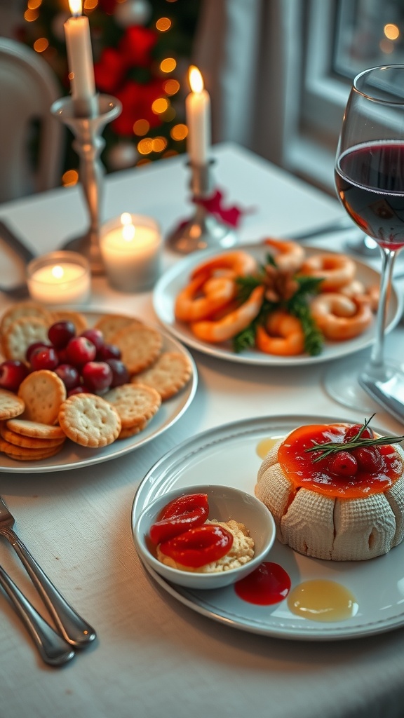 A romantic holiday appetizer spread for two with cranberry cream cheese, shrimp cocktail, and baked brie on a festive table.